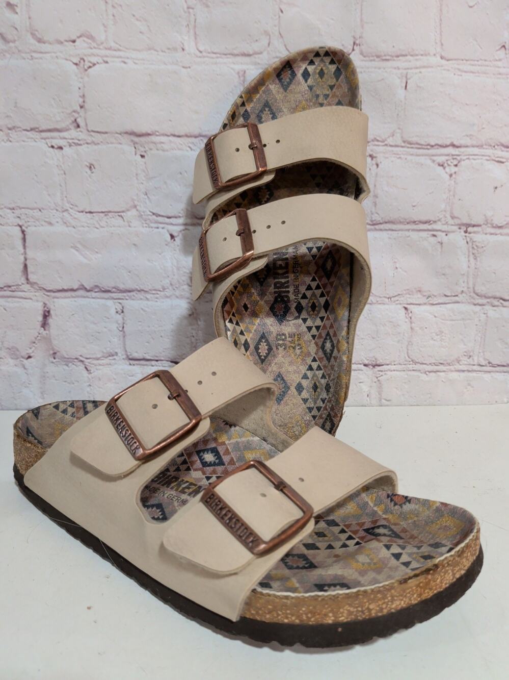 Birkenstock Arizona Ecru Birko Flor Aztec Sole Sandals Slide Size 38 US 7 Narrow